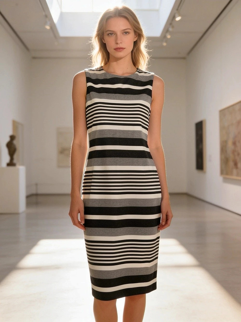 NWT Calvin Klein Striped Ponte Sheath Midi Dress Black & Gray Size 4
